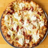 Pizza Bianca Pizza · Olive oil and garlic sauce, mozzarella cheese, sundried tomatoes, garlic, artichoke hearts, ...