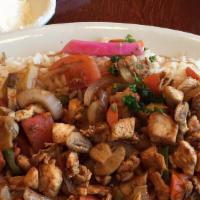 Chicken Ghallaba · chicken breasts, cut into chunks and sauted ,green pepper, sliced into strips ; red pepper, ...