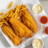 3 Pc Catfish Filet Dinner · Served with Fries, Coleslaw & Bread.