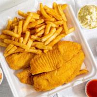 2 Pc Tilapia Filet Dinner · Served with Fries, Coleslaw & Bread.