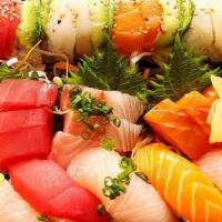Nigiri & Sashimi · 5 pieces nigiri, 9 pieces sashimi and ROY G BIV roll. ROY G BIV roll includes: crab stick, c...