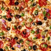 Supreme · Pepperoni, sausage, onions, mushrooms, green peppers and black olives.