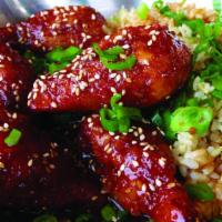 Veggy Korean Wings · 6 tasty veggy wings - Korean style, over rice.