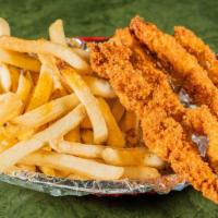 A Chicken Strips With Fries & A Drink · Four-piece strips.
