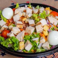Chicken Chopped Salad · Lettuce, grilled chicken, tomato, cucumber, onion, carrot, bacon, shredded cheese, croutons,...