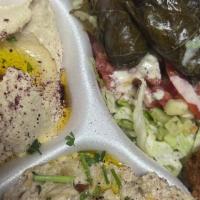Sampler Appetizer · Sampler appetizers includes: 2 pieces of falafel, 4 stuffed grape leaves, hummus, and baba g...