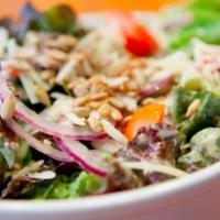 Full Smokin' Oak Salad · Mixed greens, Roma tomato, Parmesan, sunflower seeds, red onion with our Dijon vinaigrette
