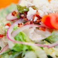 Half Chopped Bc Salad · Romaine, applewood bacon, roma tomato, red onion, egg, bleu cheese crumbles with Amish bleu ...