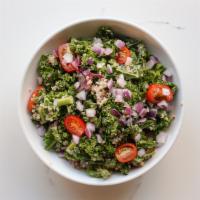 Kale-Ya · crisp kale, tri-colored quinoa, grape tomato, 
red onion & feta 
house dressing drizzle