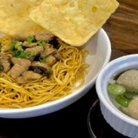 Bakmi Ayam Bakso · Noodle with chicken, mushroom, and crispy wontons. Served with beef meatballs soup.