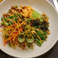 Banh Mi Bowl · Crispy chickpeas, avocado, shredded rainbow veggie blend, cucumber ribbons, cilantro, hummus...