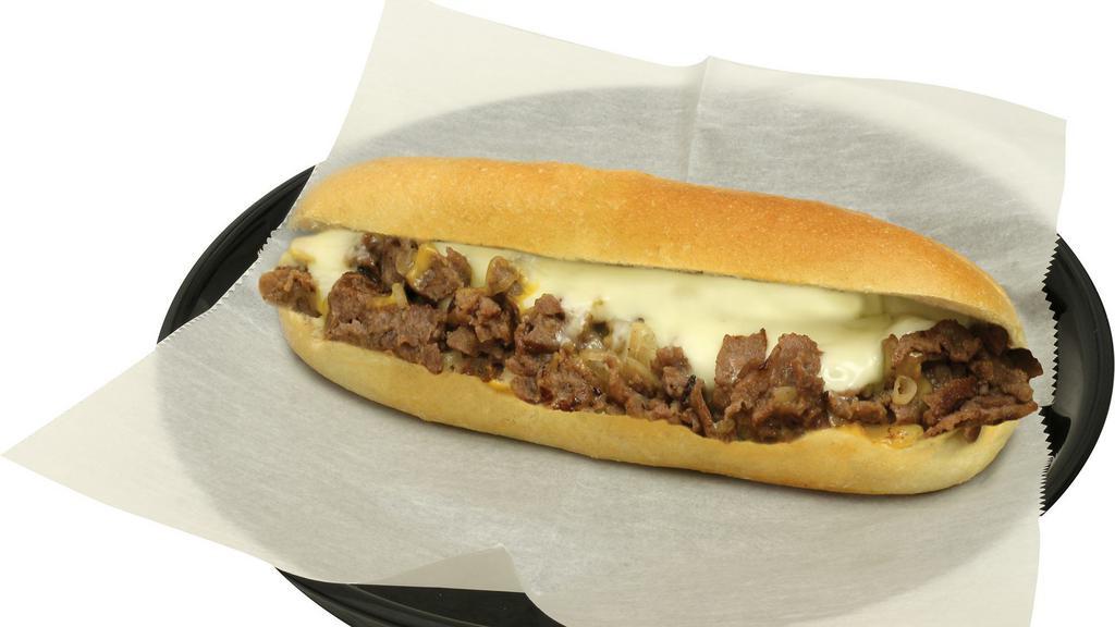 Triple Cheesesteak · Grilled sirloin, sautéed onions topped with a trio of cheeses — Cheddar, Provolone, and White American. Mayo, lettuce and tomato.