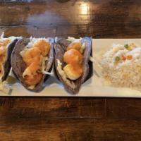 Shrimp Tacos/ Tacos De Camaron · It comes with 3 tortilla that are blue and it comes with lettuce, diced tomatoes, and tomato...