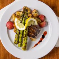 Grilled Salmon · Red skins and asparagus.