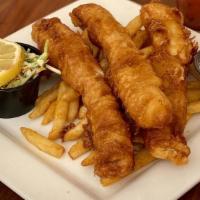 Fish & Chips · Beer-battered wild caught cod, dixie chopped coleslaw, and fries.