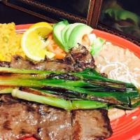 #1 Carne Asada Con Cebollitas  · carne arranchera cervido con cebollitas,arroz,
frijoles,ensalada y tortillas 

steak with on...