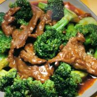 Beef With Broccoli · Served with roast pork fried rice or white rice, and egg roll.