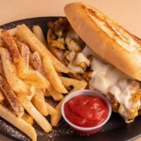Chicken Philly Sandwich · Thinly sliced chicken breast alongside caramelized onions and peppers covered with melted go...