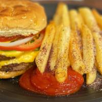 Double Cheeseburger Sandwich · Two (1/3 Lb.) Patties, Leaf Lettuce, Roma Tomato, Sautéed Onions,Pickles, Shaved Onions,  an...