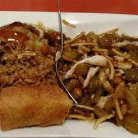 Egg Roll, Egg Foo Young, Chicken Chow Mein, Fried Rice · With chicken chow mein, egg roll, fried rice. crispy noodles