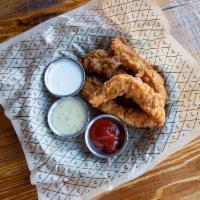Dixie Fried Chicken Strips & Dips · Choice of sriracha buffalo or Blatt BBQ, tossed or on the side, served with bacon ranch, blu...