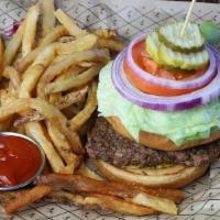 Backyard Burger · Angus beef cooked medium, brioche bun, Boston lettuce, tomato, red onion, garlic dill pickle...