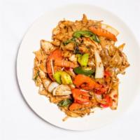Spicy Basil Noodle · Stir-fried wide rice noodle with fresh basil leaves, tomatoes, onions, bell peppers, carrots...