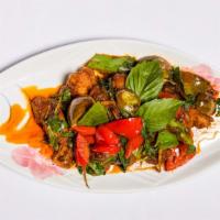 Catfish Pad Ped · Fried catfish filets sauteed with Thai eggplants, bamboo shoots, bell pepper and fresh basil...