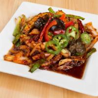 Ojinguh Bokum · Spicy stir fried squid and vegetables.