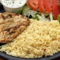 Grilled Chicken Breast Plate · Char-broiled, marinated, skinless chicken breast garnished with lettuce, onions, tomatoes, t...