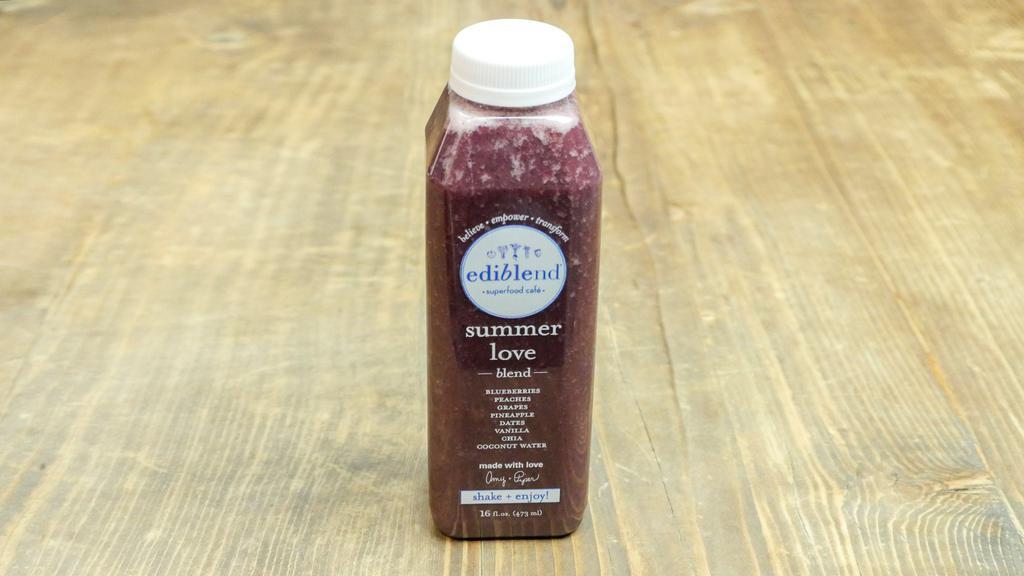 Summer Love · blueberries, peaches, grapes, pineapple, dates, vanilla, chia + coconut water