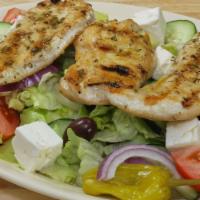 Chicken Breast Salad · Lettuce, onions, tomatoes, cucumbers topped with our very marinated chicken breast.