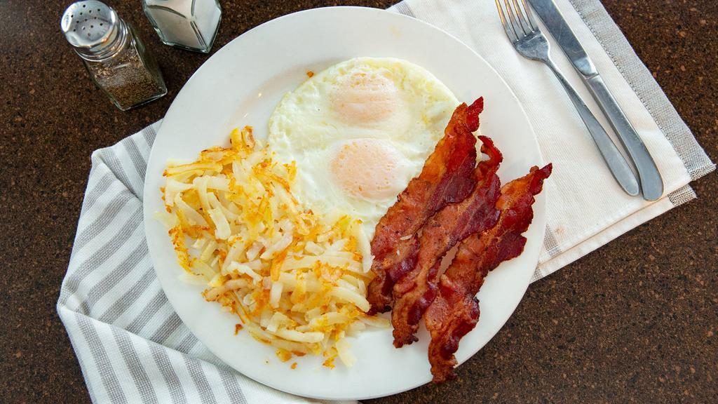 Two Eggs With Meat · Choice of Bacon, Sausage Links, Sausage Patties, or Canadian Bacon.