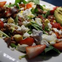 Spinach Cobb · baby spinach, avocado, bacon, goat cheese, hard boiled egg, candied pecans, strawberries wit...