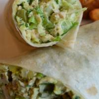 Tuna Avocado Wrap · home made tuna salad with avocado, red onion, cucumber, cilantro and shredded lettuce. comes...