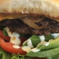 Cali Rancher · Single patty with American Cheese, lettuce, tomato, grilled onions, fresh avocado slices and...