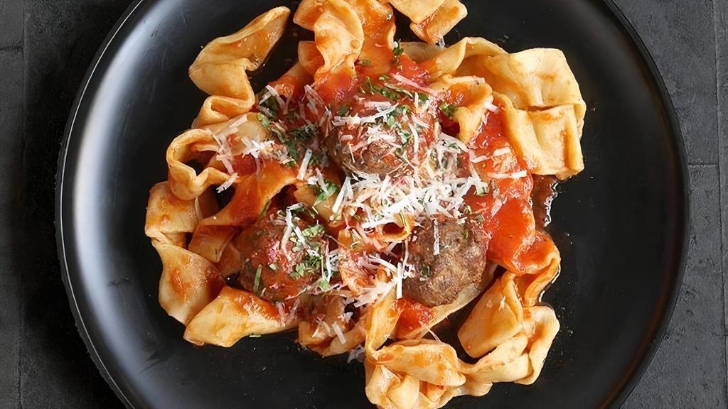Pappardelle With Red Sauce And Meatballs · House Made Pappardelle Pasta with Red Sauce, Fresh Herbs and Meatballs