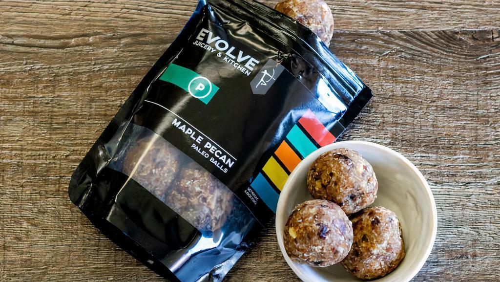 Maple Pecan Paleo Balls · Our Paleo balls are Evolve Paleo chef’s signature items. Hand made with love, our Paleo balls are like chewy granola bars – Paleo style! No refined sugars and plenty of natural fiber makes our Paleo balls little snacks you’ll be craving all day long.