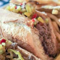 Prime Rib French Dip With Fries · 7 oz thinly sliced Gibsons Prime Angus Ribeye served on a hoagie roll with fresh cut fries, ...
