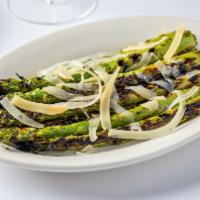 Grilled Asparagus · Grilled asparagus with Parmigiano cheese and Lemon Vinaigrette.