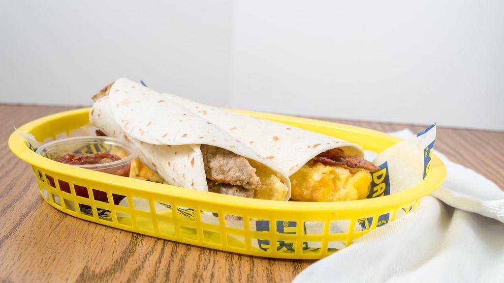 Breakfast Burrito · Egg, shredded cheese and your choice of meat wrapped in a tortilla