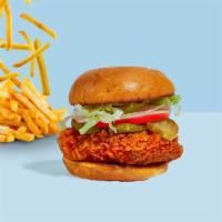 Hot Honey Chicken Sandwich · Buttermilk fried chicken, jalapeños, mike's hot honey, and mac sauce served on a griddled br...