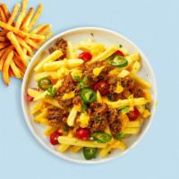 Chili With Me Fries · Idaho potato fries cooked until golden brown and garnished with salt, and chili sauce.