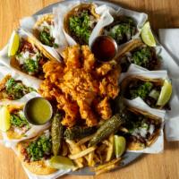 Tray Of Tacos · 13 Tacos, Hand Cut Fries, Blossom Onion, &  Grilled Serrano Pepper