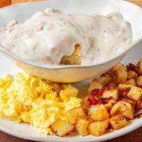 Yum I Love Biscuits & Gravy · HomeGrown's original favorite!  Original pan-style cakey biscuits, topped with Scavuzzo's sa...