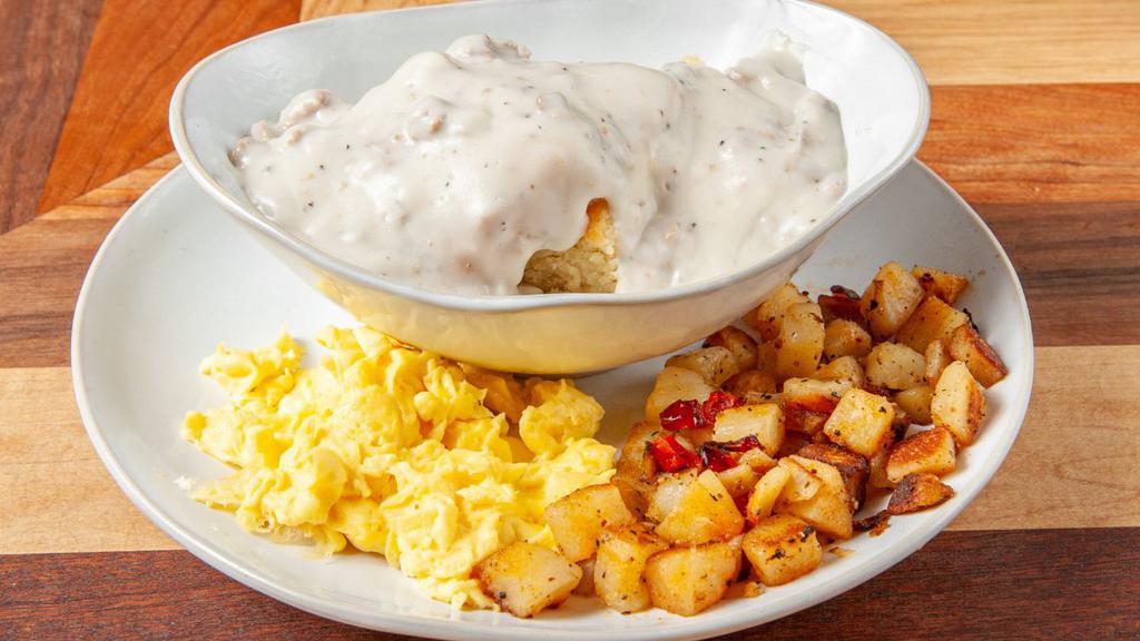Yum I Love Biscuits & Gravy · HomeGrown's original favorite!  Original pan-style cakey biscuits, topped with Scavuzzo's sausage gravy, served with 2 pasture-raised eggs, and our roasted rosemary potatoes.