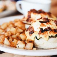 Florentine · We sautee spinach,mushrooms and onion to cover a Wolferman English muffin, top it with a poa...
