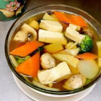 Vegetable & Bean Curd Soup                                                              杂菜豆腐汤 · Savory liquid dish made with a variety of vegetables. soup made with tofu.