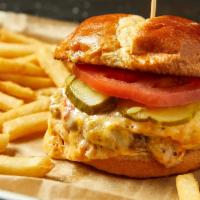 Pimento Cheese Burger · Two smash-cooked patties topped with classic pimento cheese, tomato and housemade B&B pickle...