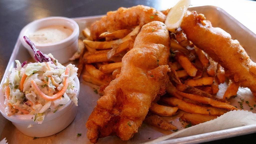 Fish & Chips · Three Cod cutlets hand breaded and fried to perfection. Served with our hand cut French fries and house made blue cheese coleslaw.